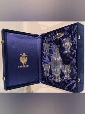 House of Faberge Czarina Crystal Decanter Set 4 Liqueur Shot Glasses Case NIB